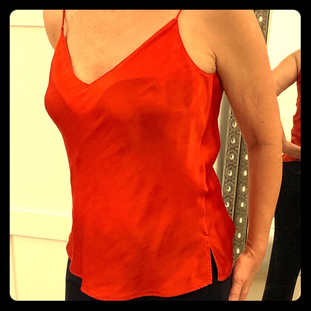 Red silk top, work a couple of times